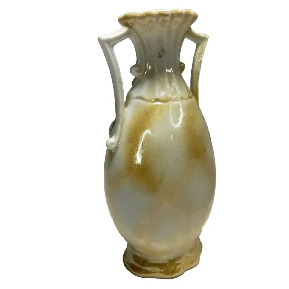 Antique Small Iridescent Two Handled Vase Raised Fruits Leaves Gold G.H. Mumm Co